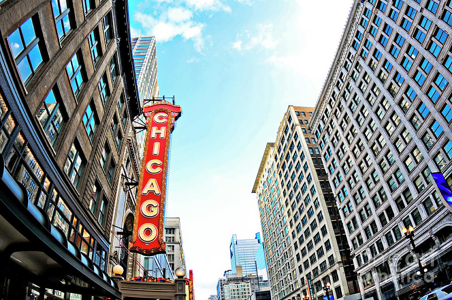 Chicago Photograph - Wide angle photo of the Chicago Theatre marquee and buildings  by Linda Matlow