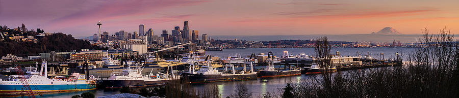 Wider Seattle Skyline and Rainier at Sunset from Magnolia Photograph by Mike Reid