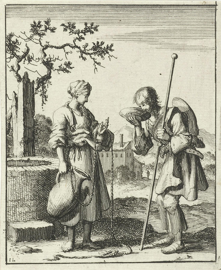 Wife Gives A Pilgrim Water From A Jug, Jan Luyken Drawing by Jan Luyken ...