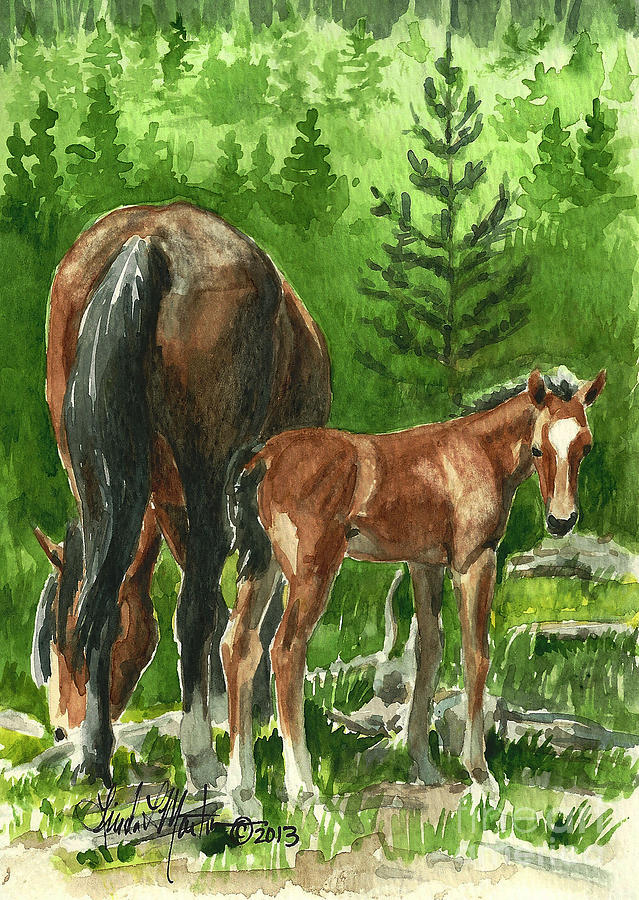 Wild Alberta mare and Foal Painting by Linda L Martin