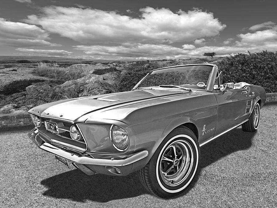 Vintage Photograph - Wild and Free 1967 Mustang Convertible in Black and White by Gill Billington