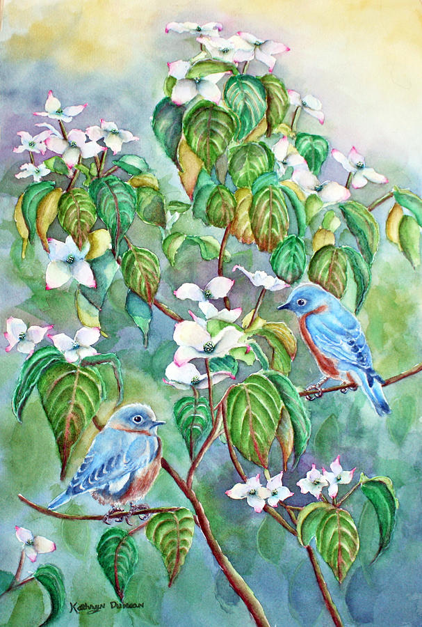 Bird Painting - Wild Blues in White Dogwood by Kathryn Duncan