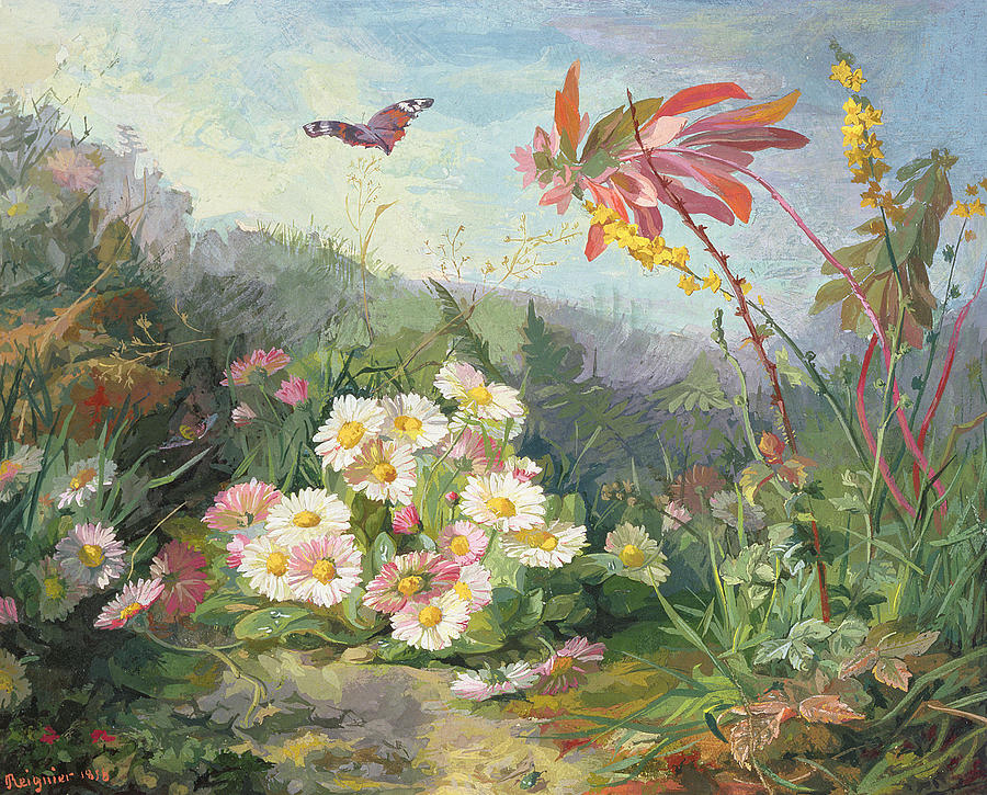 Spring Painting - Wild Flowers and Butterfly by Jean Marie Reignier