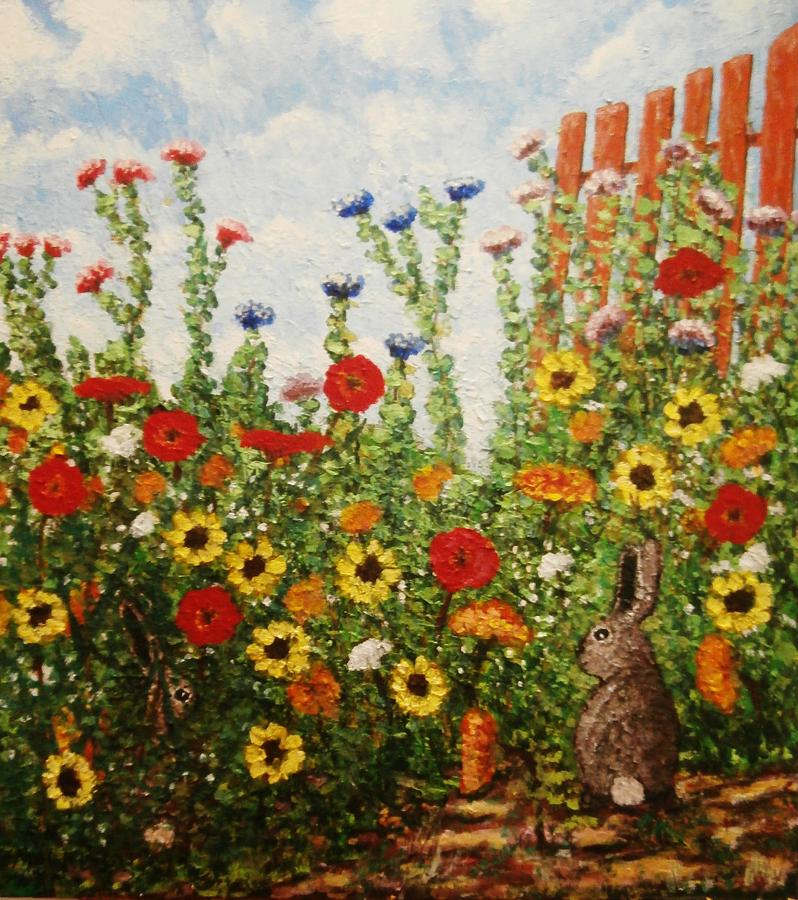 Wild Flowers and Rabbits in my yard Painting by Frank Morrison