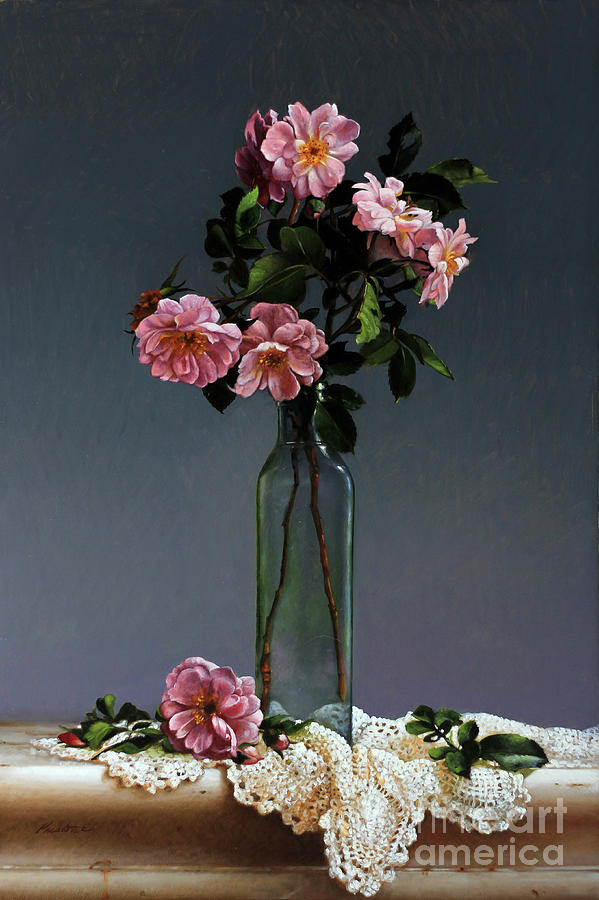 Wild Roses And Doily Painting by Lawrence Preston
