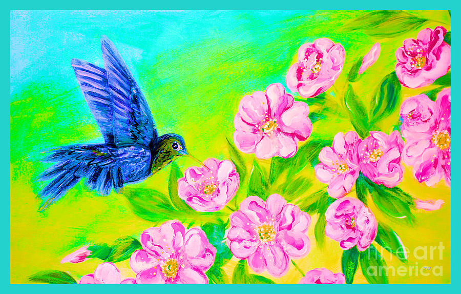 Wild Roses and Hummingbird in My Garden  Mixed Media by Oksana Semenchenko