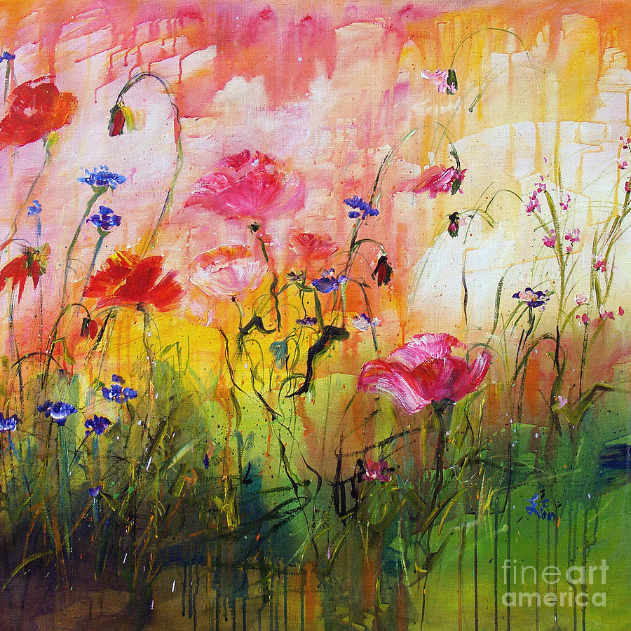 Wildflowers and Pink Poppies Painting by Ginette Callaway