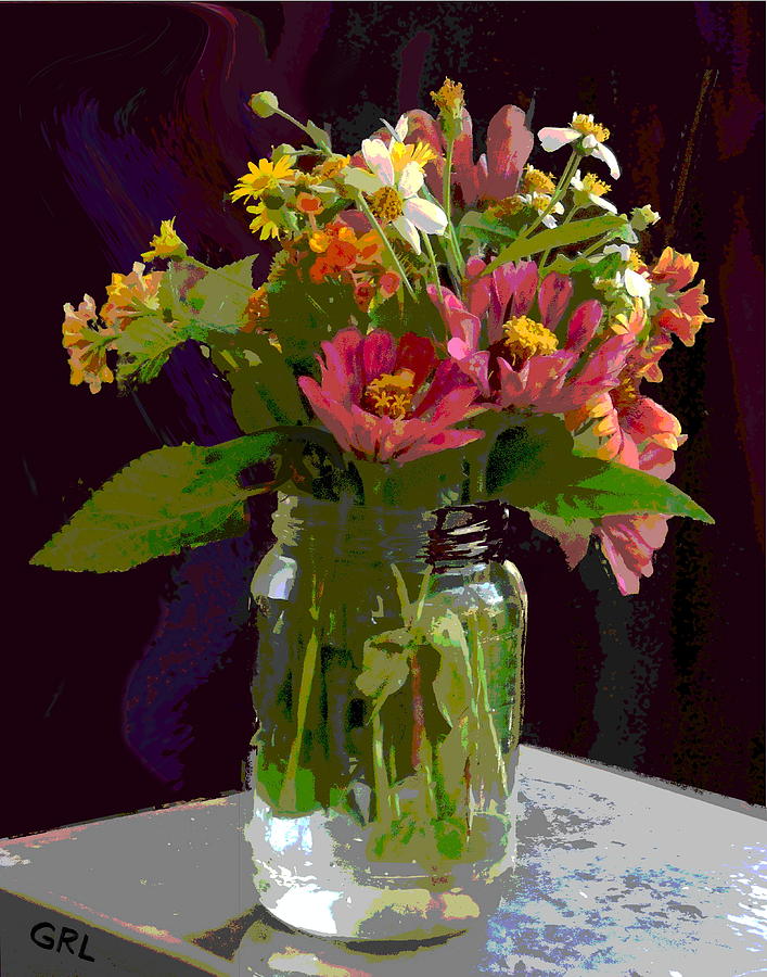 Wildflowers And Zinnias In A Jar  Contemporary Digital Art Painting by G Linsenmayer