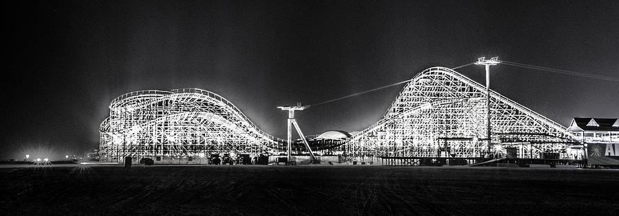 Pier Photograph - Wildwood Roller Coaster at Night in Black and White by Bill Cannon