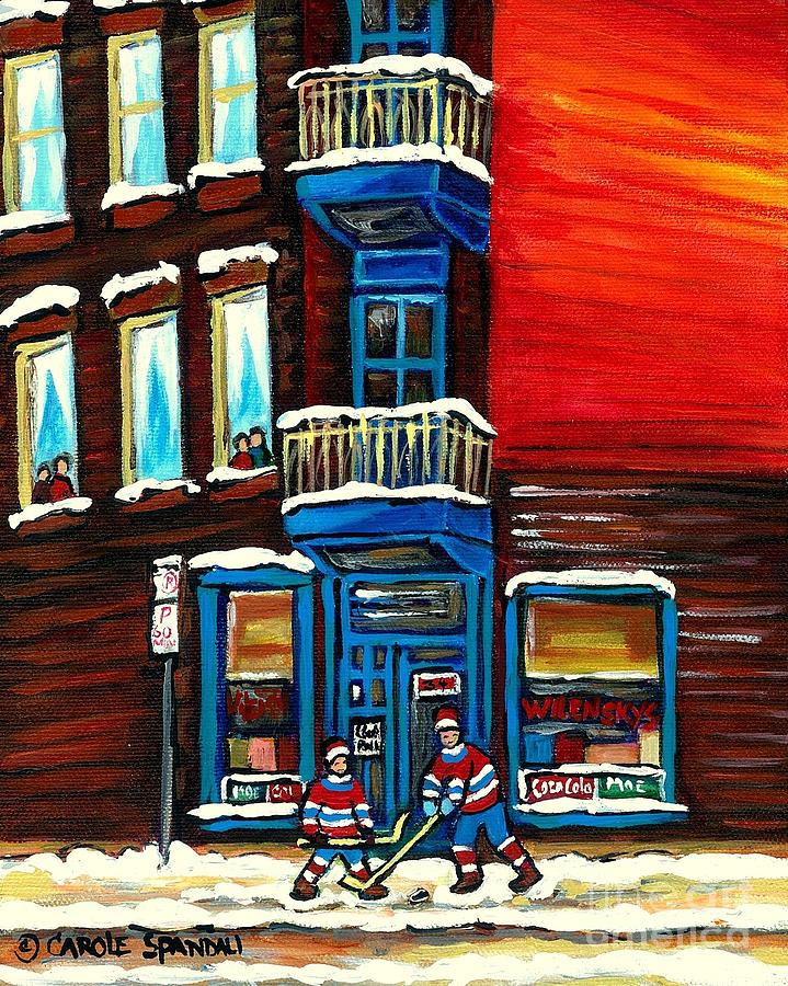 Wilenskys Corner Deli  Montreal Paintings  Street Hockey Art City Scene Rue Fairmount Cspandau Painting by Carole Spandau