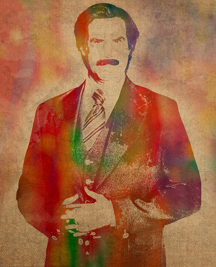 Anchorman Mixed Media - Will Ferrell as Ron Burgundy in Anchorman Movie Watercolor Portrait on Worn Distressed Canvas by Design Turnpike
