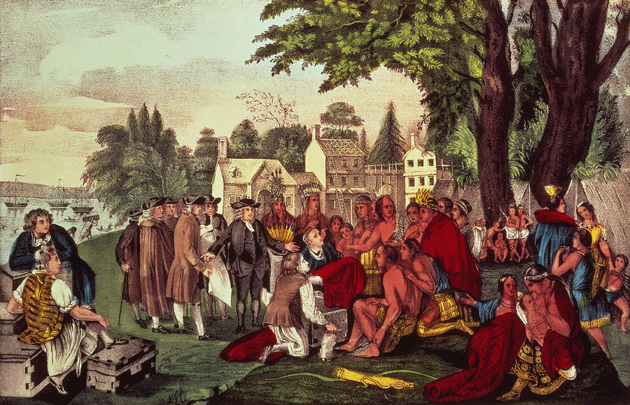 William Penns Treaty With The Indians Painting by Currier and Ives