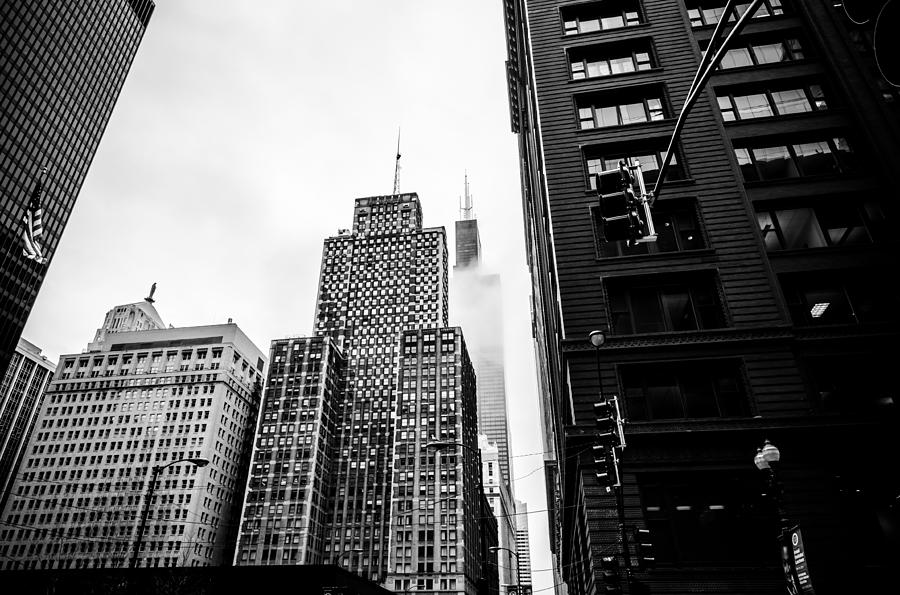 Willis Tower in the Clouds - Black and White Photograph by Anthony Doudt