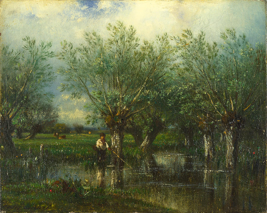Willows with a Man Fishing Painting by Jules Dupre