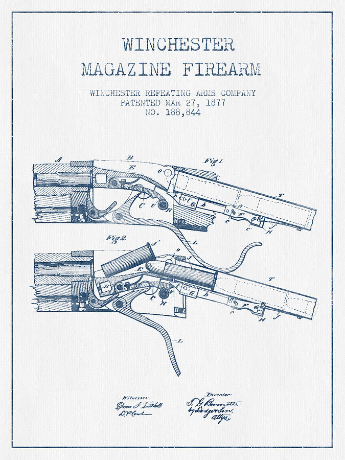Winchester Firearm Patent Drawing From 1877 -  Blue Ink Digital Art