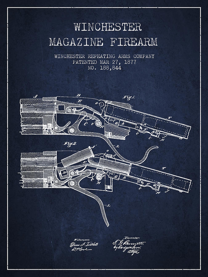 Vintage Digital Art - Winchester Firearm Patent Drawing from 1877 - Navy Blue by Aged Pixel