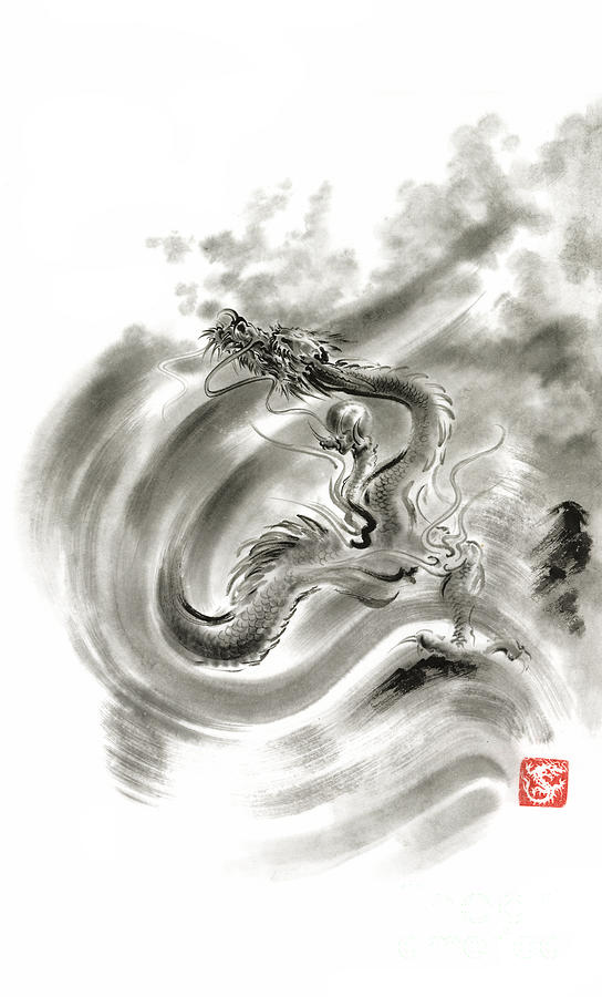 Nature Painting - Wind Dragon Painting, Sumi-e Dragon Painting, Japanese Dragon Ink Painting, Dragon Home Decor by Mariusz Szmerdt