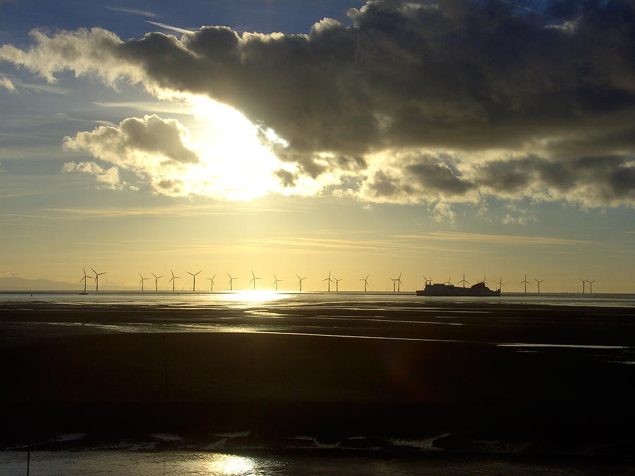 Wind Farm  and irish ferry at Sunset 2 Photograph by Steve Kearns