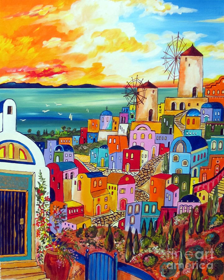 Wind mills in Greece Painting by Roberto Gagliardi