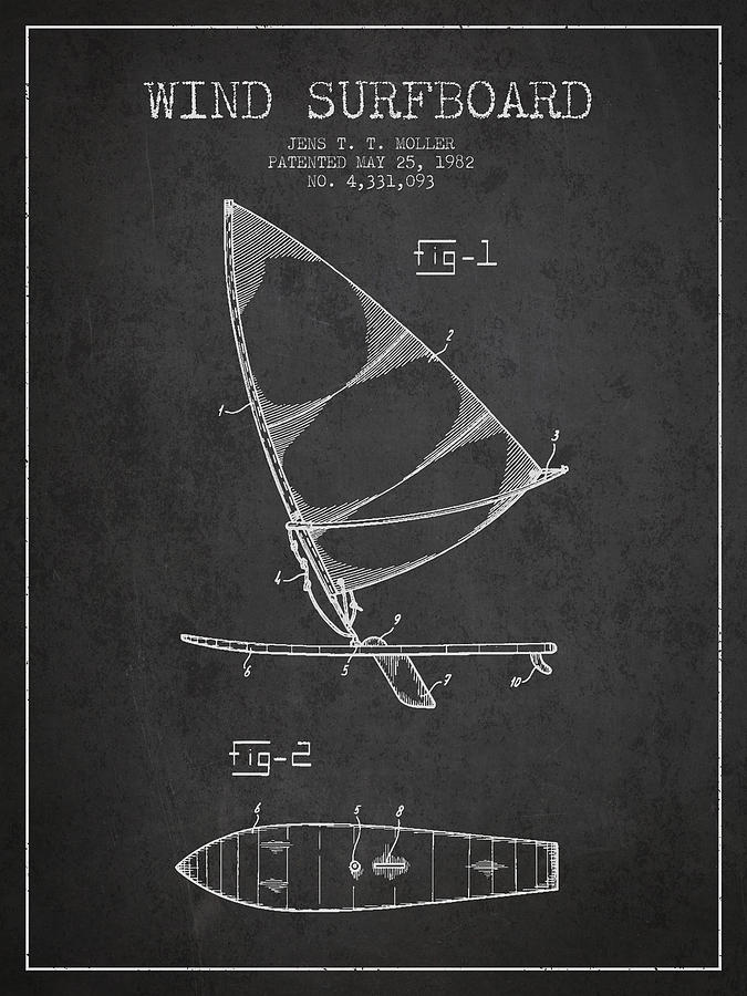 Vintage Digital Art - Wind Surfboard patent drawing from 1982 - Dark by Aged Pixel