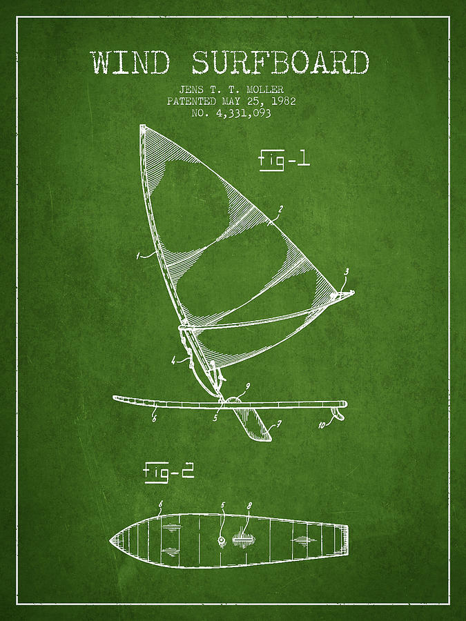 Vintage Digital Art - Wind Surfboard patent drawing from 1982 - Green by Aged Pixel