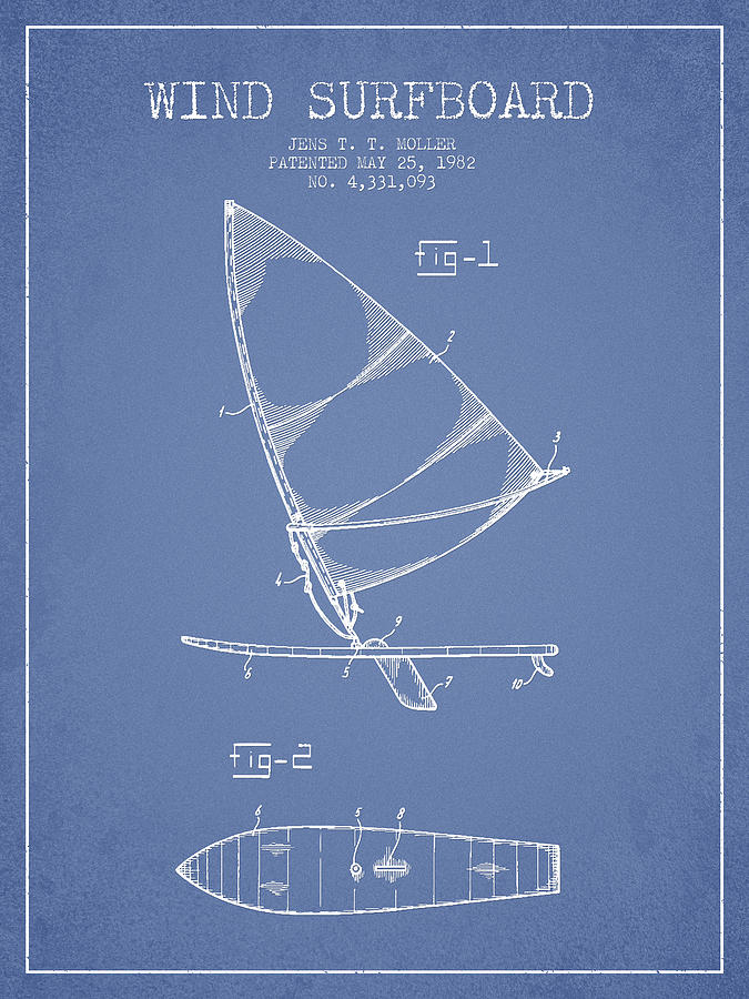 Vintage Digital Art - Wind Surfboard patent drawing from 1982 - Light blue by Aged Pixel