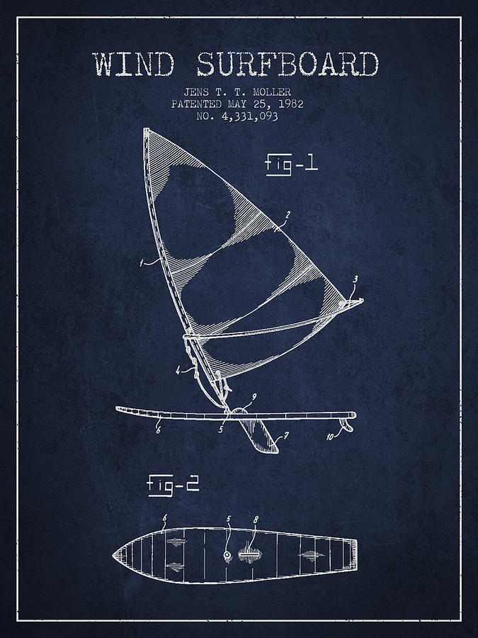 Vintage Digital Art - Wind Surfboard patent drawing from 1982 - Navy Blue by Aged Pixel