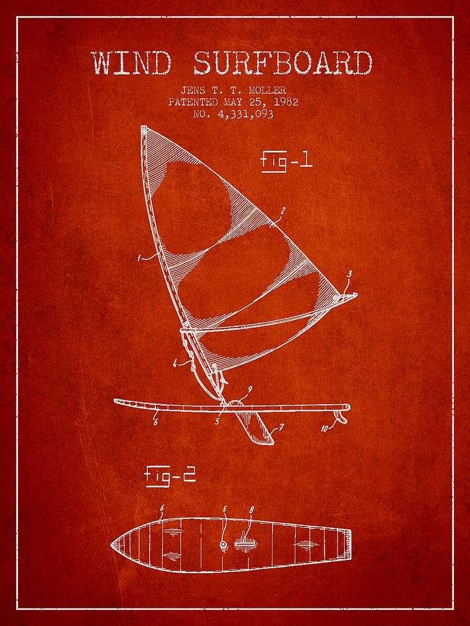 Vintage Digital Art - Wind Surfboard patent drawing from 1982 - Red by Aged Pixel
