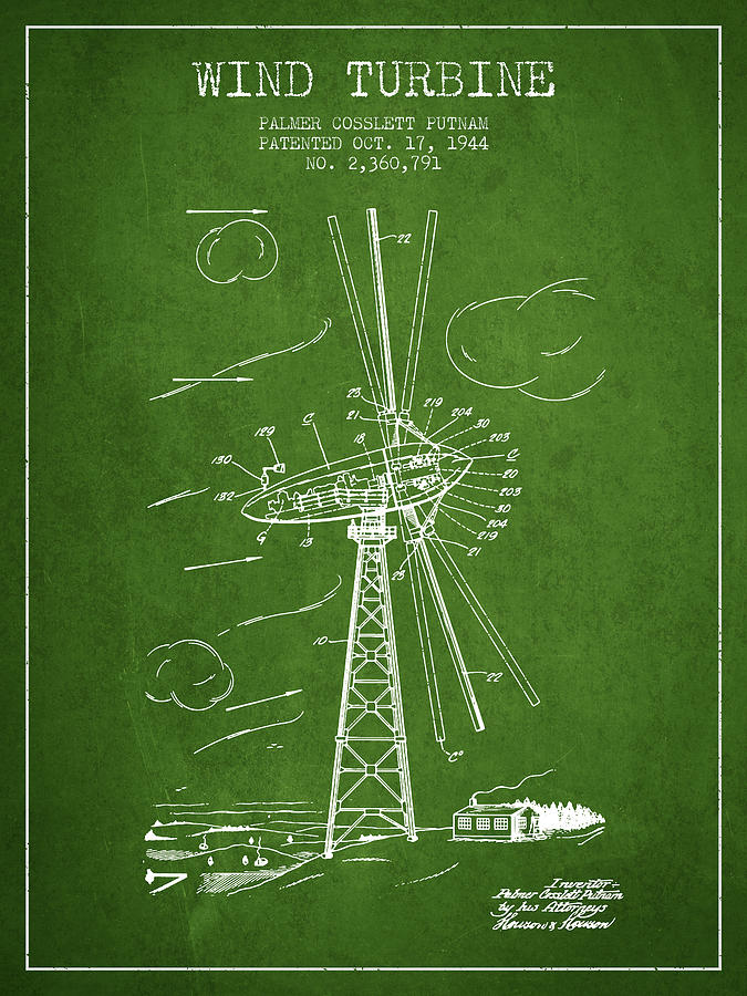 Vintage Digital Art - Wind Turbine Patent from 1944 - Green by Aged Pixel