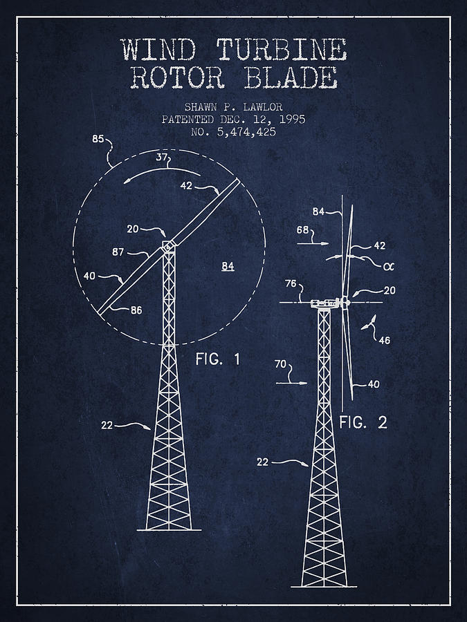Wind Turbine Rotor Blade Patent From 1995 - Navy Blue Digital Art
