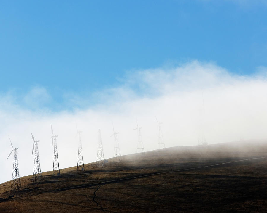 Aerial Photograph - Wind Turbines On A Hill With The Fog by Ron Koeberer