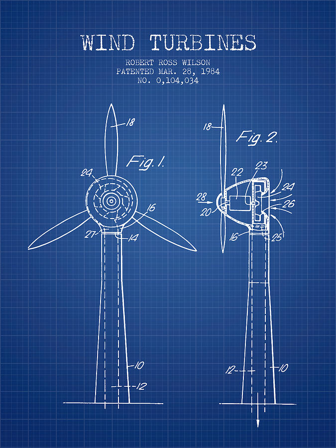Vintage Digital Art - Wind Turbines Patent from 1984 - Blueprint by Aged Pixel