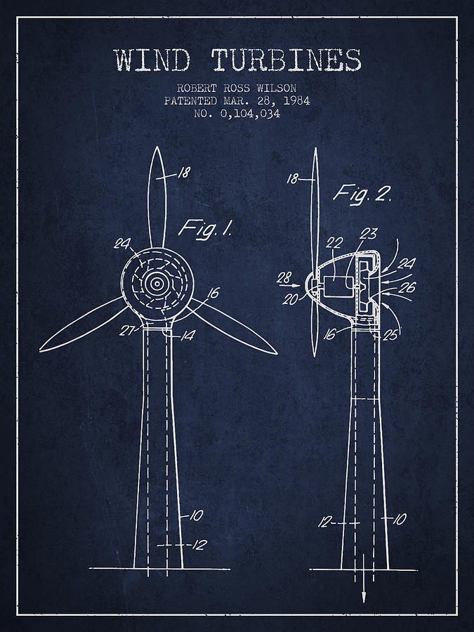 Vintage Digital Art - Wind Turbines Patent from 1984 - Navy Blue by Aged Pixel
