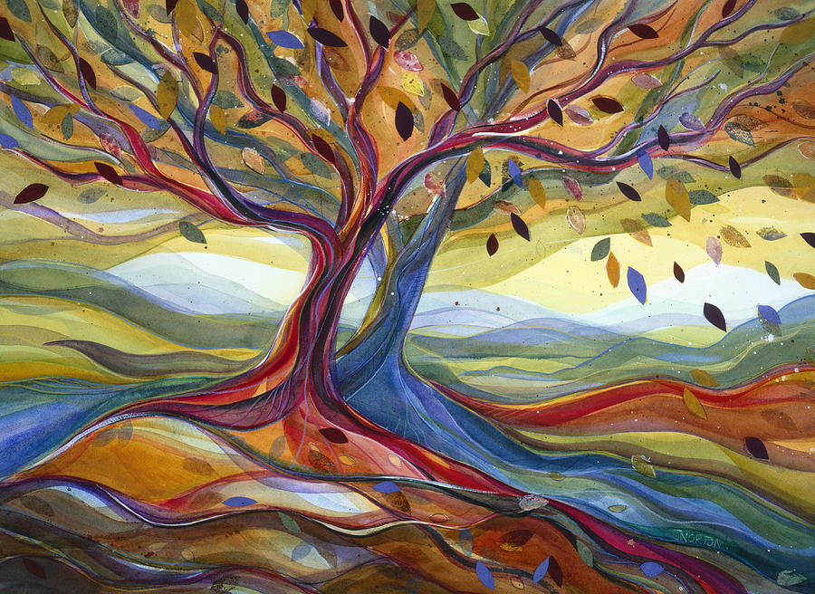 Windblown Colorful Fall Tree Painting by Jen Norton
