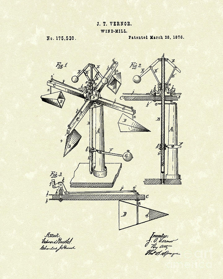Vernor Drawing - Windmill 1876 Patent Art by Prior Art Design