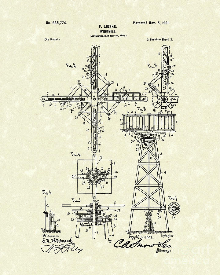 Windmill 1901 Patent Art Drawing by Prior Art Design