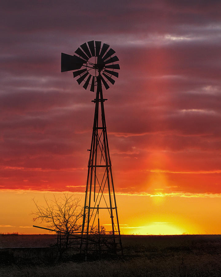 Windmill and Light Pillar Photograph by Rob Graham
