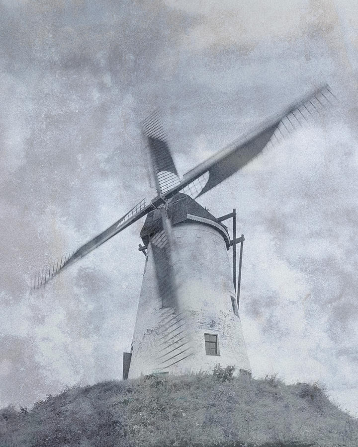 Black And White Photograph - Windmill at Damme in Belgium Countryside by Greg Matchick