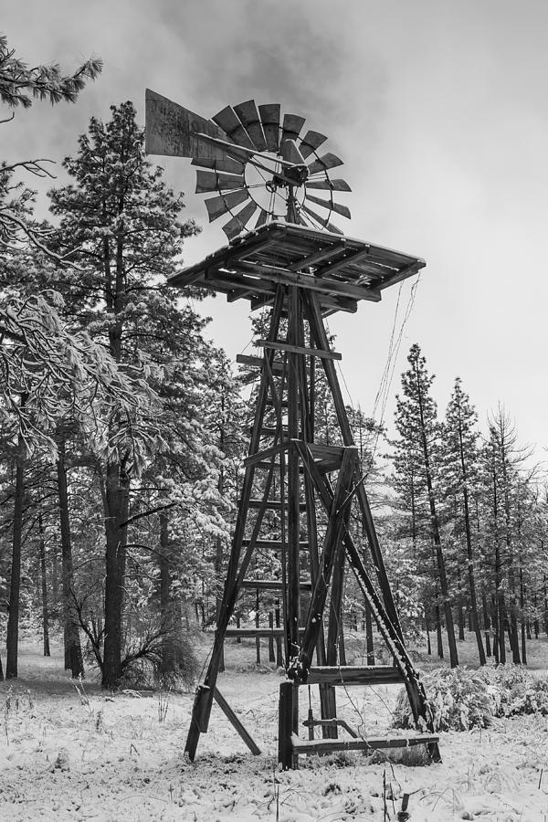 Windmill In the Snow Black and White Photograph by Scott Campbell