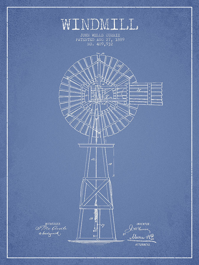 Vintage Digital Art - Windmill Patent Drawing From 1889 - Light Blue by Aged Pixel