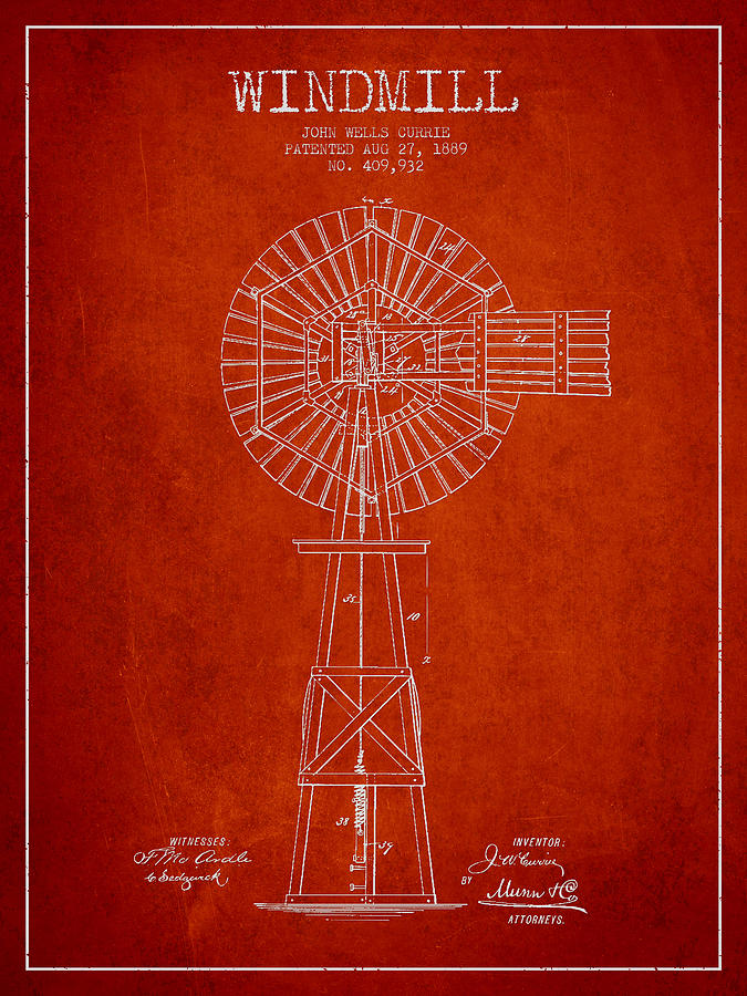 Vintage Digital Art - Windmill Patent Drawing From 1889 - Red by Aged Pixel