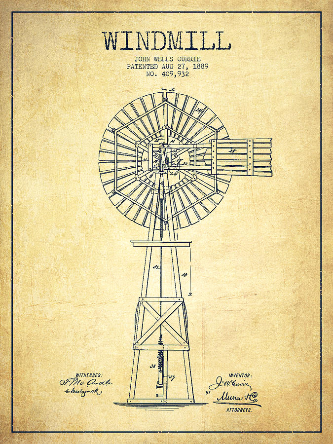 Vintage Digital Art - Windmill Patent Drawing From 1889 - Vintage by Aged Pixel