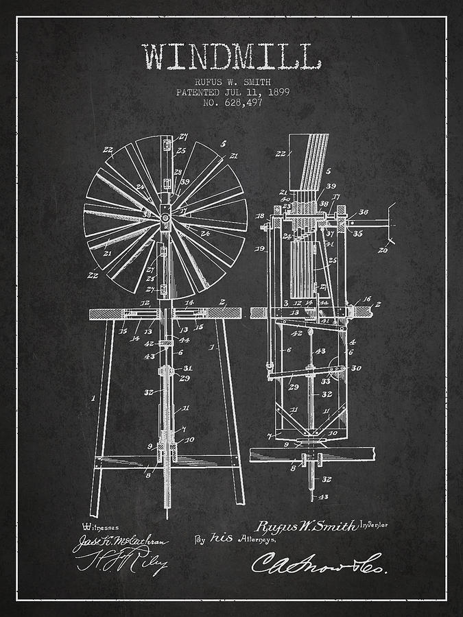 Vintage Digital Art - Windmill Patent Drawing From 1899 - Dark by Aged Pixel