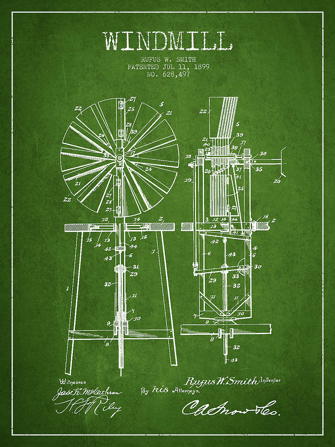 Vintage Digital Art - Windmill Patent Drawing From 1899 - Green by Aged Pixel