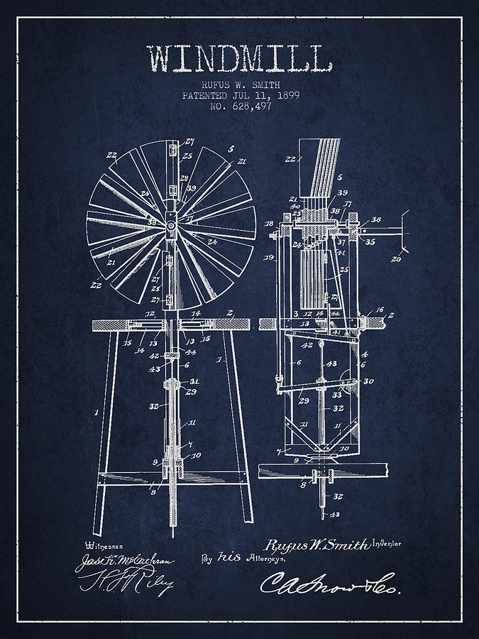 Vintage Digital Art - Windmill Patent Drawing From 1899 - Navy Blue by Aged Pixel