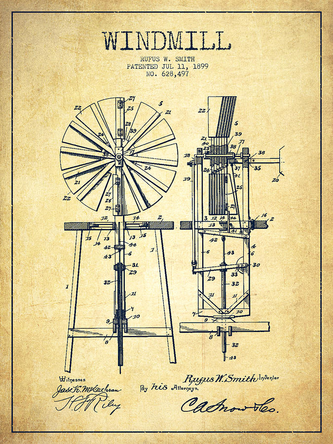 Vintage Digital Art - Windmill Patent Drawing From 1899 - Vintage by Aged Pixel