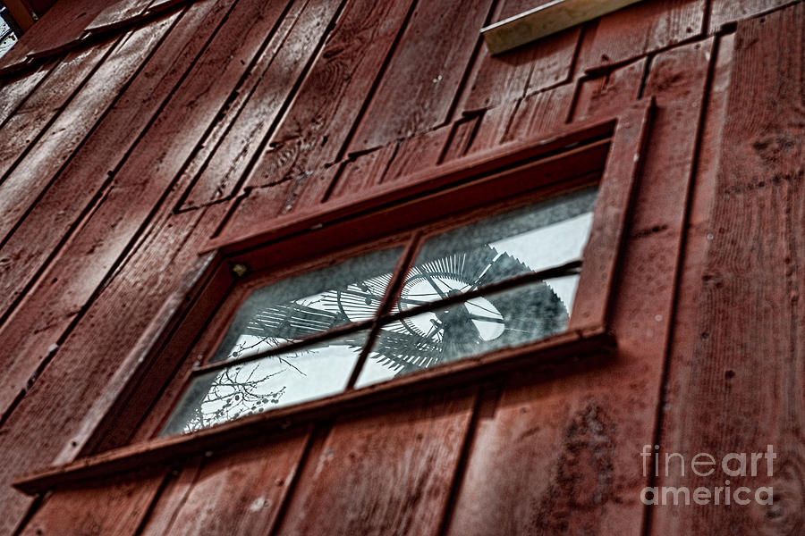 Windmill Reflected in Barn Window Photograph by David Arment