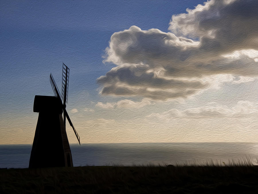 Architecture Photograph - Windmill silhouette blowing away dark clouds to reveal sun burst digital painting by Matthew Gibson