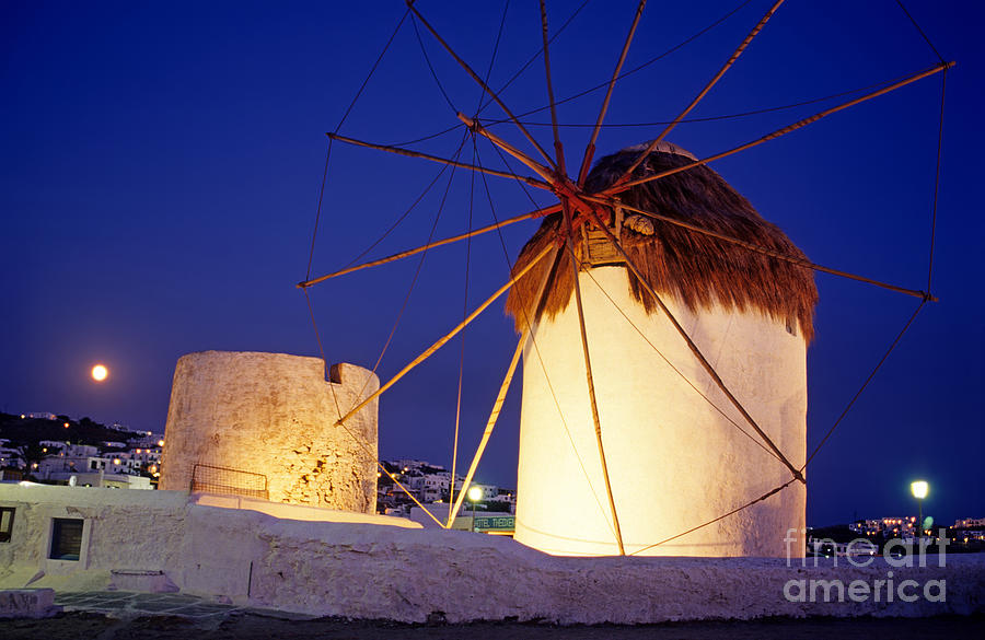 Windmills and full moon Photograph by George Atsametakis