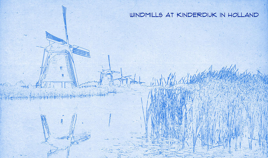 Windmills at Kinderdijk Holland - BluePrint Drawing Painting by MotionAge Designs
